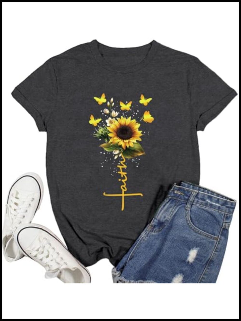 Womens Christian Faith Cross Sunflower Butterfly T-Shirt Crew Neck Short Sleeve